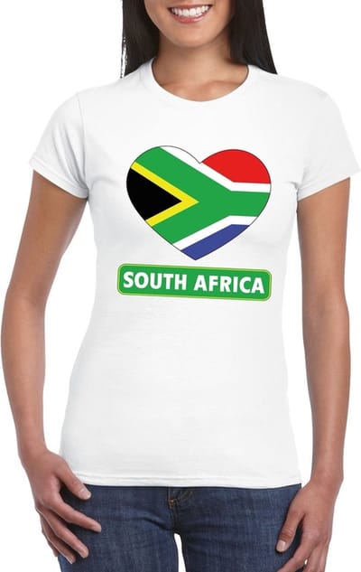 Zuid Afrika t-shirt - met hartjes vlag print - wit - voor dames - korte mouwen - landen supporters S