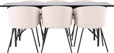 Astrid eethoek tafel zwart en 6 berit stoelen beige.