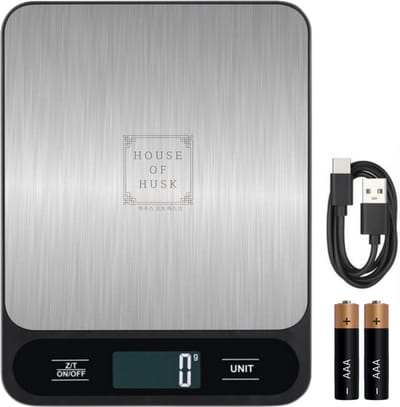 House of Husk Keukenweegschaal Digitaal - Weegschaal Keuken - 6 Eenheden - 1 g tot 5 kg - Tarra Functie - Oplaadbaar - Inclusief Batterijen - RVS/Zwart