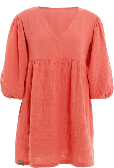 Knit Factory Drew Dames Jurk - Zomerjurk - Strandjurk - Driekwart pofmouwen - Mousseline jurk van hoge kwaliteit - 100% ecologisch katoen - Sunset Orange - 36/38