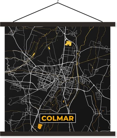 Posterhanger incl. Poster 60x60 cm - Schoolplaat - Colmar – Plattegrond – Frankrijk – Kaart – Stadskaart - Textielposter - Zwarte latten - Stadskaart