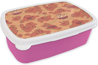 Broodtrommel Roze - Lunchbox - Brooddoos - Piraat - Kaart - Patronen - Kinderen - 18x12x6 cm - Kinderen - Meisje