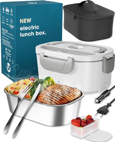 Elektrische Lunchbox - Voedselverwarmer 3 in 1 80W - Draagbare Voedselwarmer voor Auto, Truck, Thuis en Werk 12V+24V+220V - met 1,5L Verwijderbare Roestvrijstalen Voedselverwarmer Container