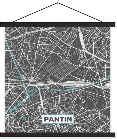 Posterhanger incl. Poster 60x60 cm - Schoolplaat - Pantin - Frankrijk - Plattegrond - Stadskaart - Kaart - Textielposter - Zwarte latten - Stadskaart