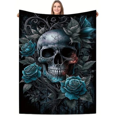 Roos & Schedel Flanellen Deken - Premium Zacht Plaid voor Bank/Bed/Reizen, Gotisch Halloween Cadeau voor Volwassenen, Gezellig voor Alle Seizoenen 100X150cm(39x59in)