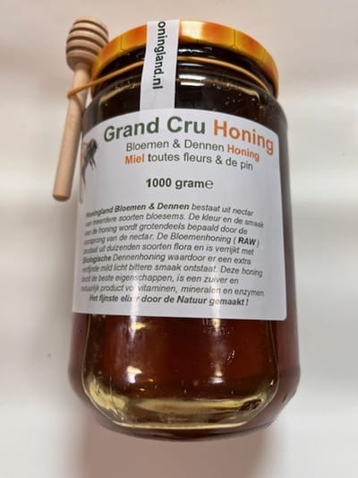 Honingland : Grand Cru Bloemen ( Rauwe ) & Dennen Honing, Miel toutes fleurs & de pin, Flower & Pine Honey. 1000 gram