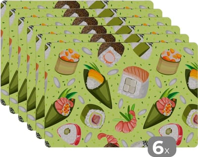 Placemat - Placemats kunststof - Patronen - Sushi - Japan - Groen - 45x30 cm - 6 stuks - Hittebestendig - Anti-Slip - Onderlegger - Afneembaar