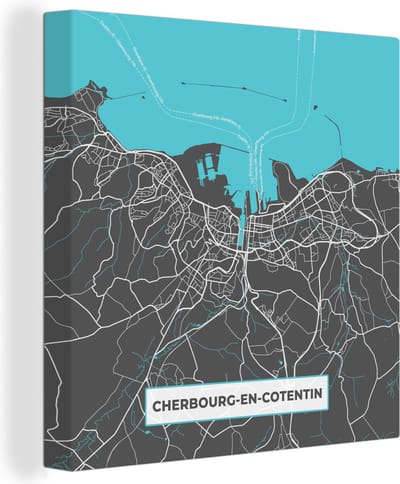Canvas Schilderij Cherbourg-en-Cotentin – Plattegrond – Frankrijk – Kaart – Stadskaart - 20x20 cm - Wanddecoratie