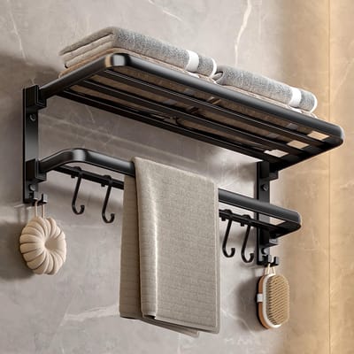 Unyqoos ® Handdoekenrek met Zelfklevende en Booropties, Zwart, 90° Inklapbare Wandmontage met 4 Haken, 60 cm Lengte