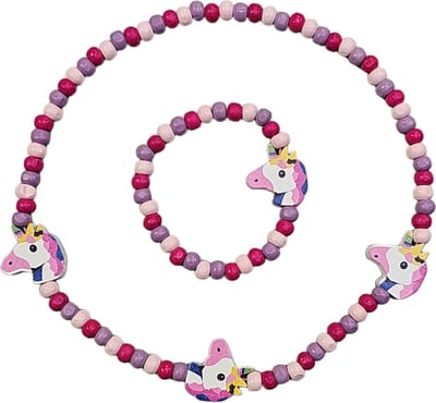 Fako Bijoux® - Kinderketting en Armband - Hout - Eenhoorn Roze/Paars