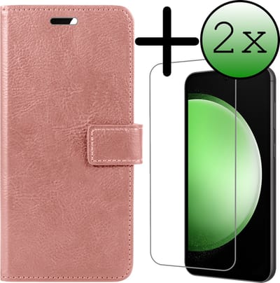 Hoesje Met 2x Screenprotector - Geschikt voor Samsung Galaxy S23 FE - Luxe Pasjeshouder - Bookcase Portemonee - Flip Case - Kunstleer Book Case - Flipcase Hoes - Book Cover - Walletcase - Portemonneehoes - Rosé goud