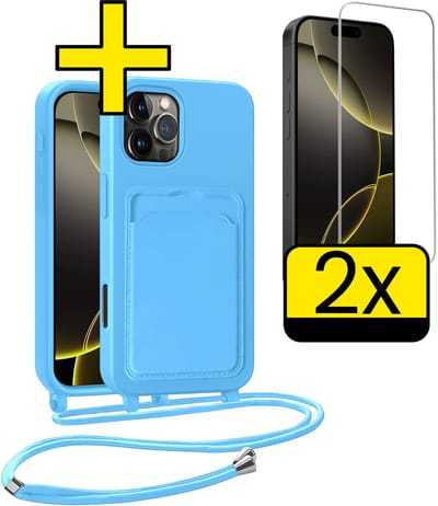 Hoesje Geschikt voor iPhone 16 Pro Telefoonhoesje Met Koord Case Pashouder Met 2x Screenprotector Siliconen - Hoes Geschikt voor iPhone 16 Pro Hoesje Met Kaarthouder - Lichtblauw
