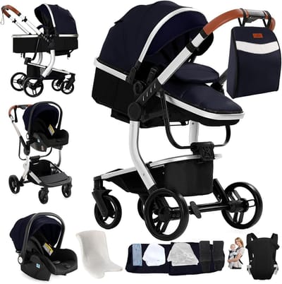 3-in-1 Kinderwagen - Reiswieg Kinderwagen - Baby Vervoer - Dubbele Duwmodi - 83 x 62 x 106 cm - Zilverblauw