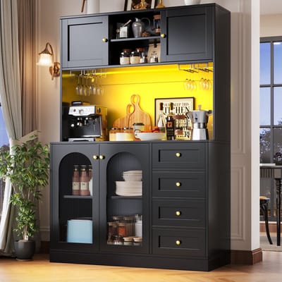DESMIU Buffetkast - Met Ledverlichting En Grote Opbergruimte - 4 Deuren En Lades Voor Keuken En Woonkamer - MDF En Glas - 120x40x188 Cm - Zwart