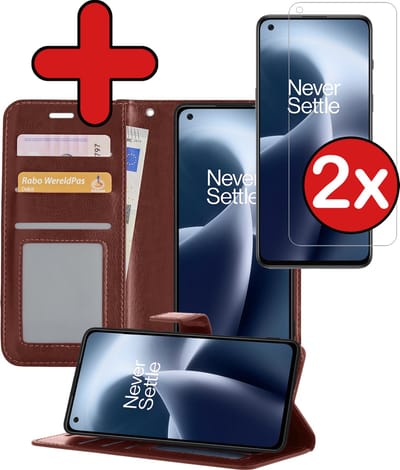 Hoesje - Met 2x Screenprotector - Geschikt voor OnePlus Nord 2T - Luxe Pasjeshouder - Flip Case - Bookcase Portemonee - Kunstleer Book Case - Flipcase Hoes - Book Cover - Walletcase - Portemonneehoes - Telefoonhoes - Bruin
