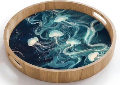 Dienblad rond 40x40 cm - Schootdienblad hout - Kwallen - Zee - Wit - Golven - Borrelplank rechthoek - Plateau houten dienbladen