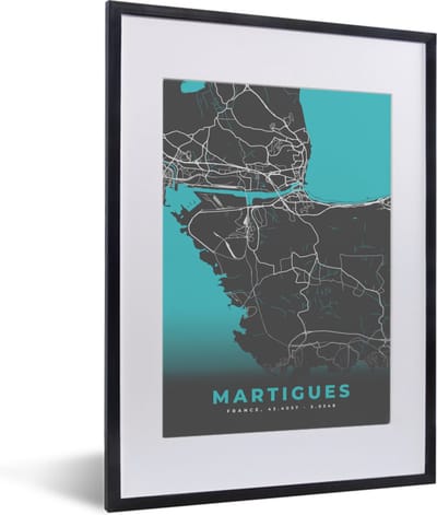 Fotolijst incl. Poster - Martigues - Frankrijk - Plattegrond - Kaart - Stadskaart - 30x40 cm - Posterlijst