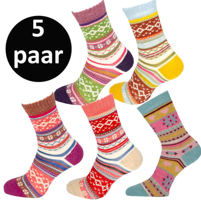 Teckel - 5 paar - Warme Wollen Winter Sokken - Noorse print - Maat 36/42 - Dames - Geel/Beige/L.Paars/D.Paars/Blauw - Cadeau tip tijdens feestdagen