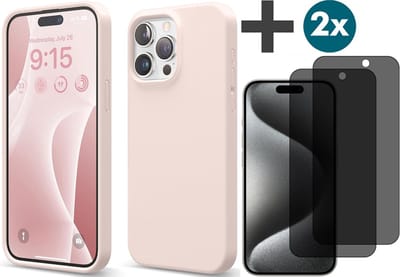 Hoesje met Privacy Screenprotectors 2 Stuks Geschikt voor iPhone 15 Pro Max Hoesje Siliconen - liquid case - Arara Backcover - Zand