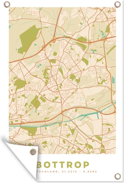Muurdecoratie Bottrop - Kaart - Vintage - Stadskaart - Plattegrond - 120x180 cm - Tuinposter - Tuindoek