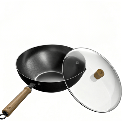 Ochama hoogwaardige ijzeren wok, 32 cm, ijzeren pan met antiaanbaklaag, roerbakpan, koekenpan, rookarm, geschikt voor