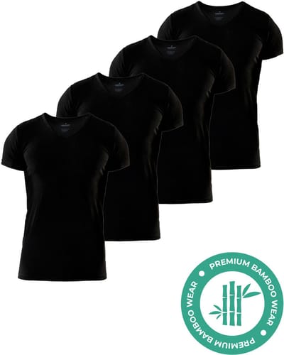 SQQUADD® Bamboe T-Shirt Heren - Slim fit - V-hals - Maat S - 4-pack - Zijdezacht en Ademend - Anti Zweet T-Shirt - Ondershirt Heren - Zwart