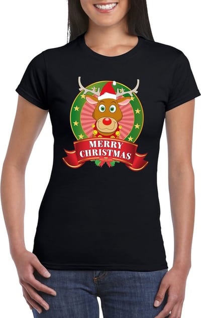 Rudolf Kerst t-shirt zwart Merry Christmas voor dames - Kerst shirts S