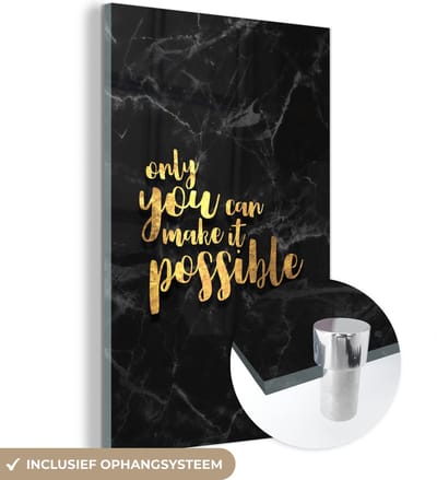 MuchoWow® Glasschilderij 40x60 cm - Schilderij acrylglas - Quote - Motivatie - Marmer - Goud - Foto op glas - Schilderijen