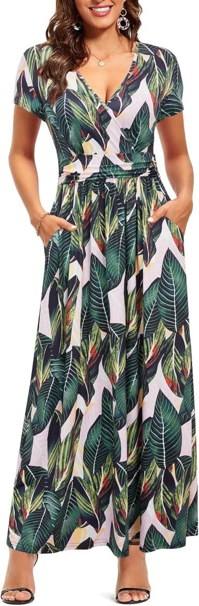 Zomerjurk Dames V-hals Korte en Lange Mouw Casual Maxi Jurken met Zakken