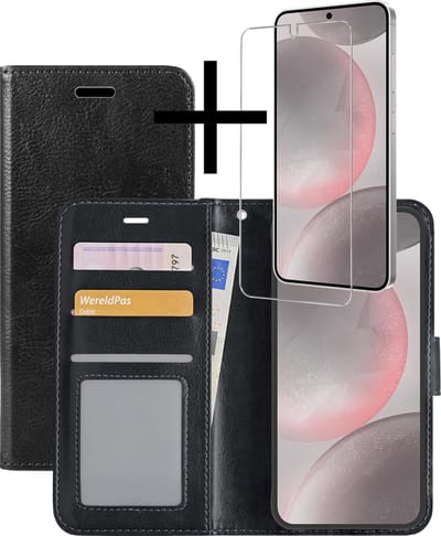 Hoesje - Met Screenprotector - Geschikt voor Samsung Galaxy S24 - Luxe Pasjeshouder - Bookcase Portemonee - Flip Case - Kunstleer Book Case - Flipcase - Book Cover - Walletcase - Portemonneehoes - Zwart