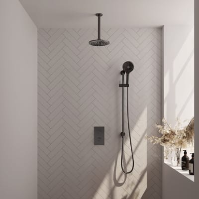 Brauer Gunmetal Carving thermostatische inbouw regendouche 3-weg omstelling SET 47 met 20 cm douchekop en plafondarm en 3-standen handdouche en doucheslang en geïntegreerde glijstang gunmetal geborsteld PVD