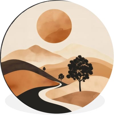 WallCircle - Wandcirkel - Muurcirkel - Zon - Heuvels - Boom - Abstract - Aluminium - Dibond - 30x30 cm - Binnen en Buiten