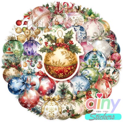 Ainy Stickers Kerstballen PET 50 stuks voor bullet journal, fotoalbum, wenskaarten, laptop, telefoon, waterfles, geschenksticker, knutselen stickervellen voor kinderen / volwassenen - ideaal voor cadeauverpakkingen, kerstkaart en kerstkado