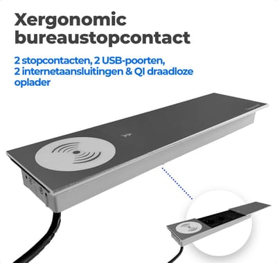 Xergonomic bureau stopcontact – B35xL10xH3.5cm - Bureau stekkerdoos met 2 stopcontacten, 2 USB-poorten, 2 internetaansluitingen en QI draadloze oplader – Inbouw contactdoos voor meubilair – Stevige en moderne inbouwstekkerblok – Zilver