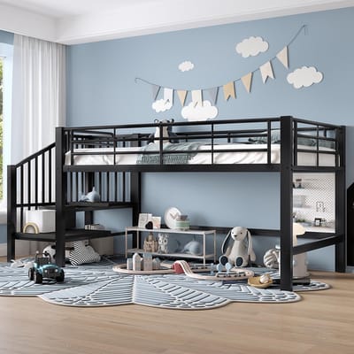 Pugsdrly Halfhoog mezzaninebed 90 x 200 met opbergtrap, zwart