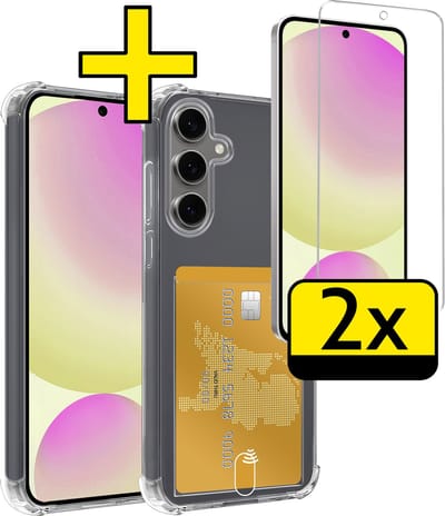 Hoesje - Geschikt voor Samsung Galaxy S24 FE - Met 2x Screenprotector - Pashouder - Kaarthouder - Telefoon Hoes Shockproof - Siliconen Case - Back Cover - Shock Proof - Pasjes Houder - Telefoonhoesjes - Transparant