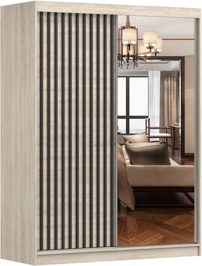 Zweefdeurkast Kledingkast met Spiegel, Schuifwandkast met decoratieve lamellen, kast met planken en kledingstang Gaderobe 150x200x61 cm - LABI S1 (Sonoma, 150)