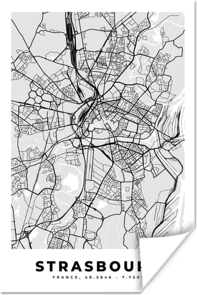 Poster Kaart - Stadskaart - Strasbourg - Plattegrond - Frankrijk - 120x180 cm XXL