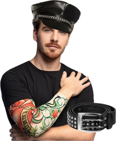 Boland Carnaval Verkleed set Rocker/Biker - Heren - pet/riem en arm sleeves met tatoeages