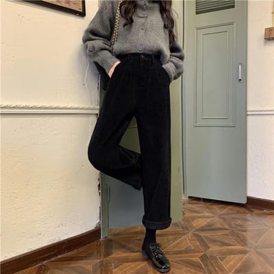 Casual elastische hoge taille broek sjerpen corduroy broek vrouwelijke broek lente wijde pijpen losse broek S