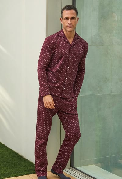 Barandi Herenpyjama Enrico – Bordeaux met Stippen – Doorknoopmodel – Lange Mouwen – Klassiek & Comfortabel - XL