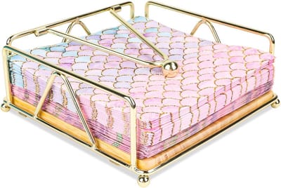 Moderne metalen servettenhouder met houten sokkel - vierkant, 17,8 x 17,8 x 6,8 cm