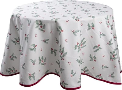 Clayre & Eef Tafelkleed Ø 170 cm Wit Rood Katoen Rond Hulstbladeren Tafellaken