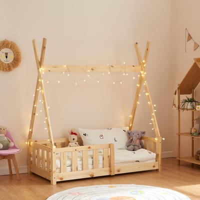 Kinderbed Tipi 70x140 cm met Lattenbodem en Valbeveiliging Grenen Hout