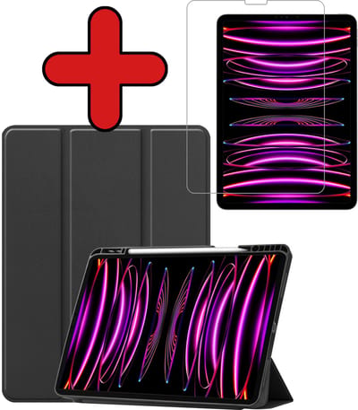 Hoesje - Geschikt voor Apple iPad Pro (2022) - 12.9 inch - Met Screenprotector - Trifold Bookcase Hoes - Hard Cover Case - Met Uitsparing Geschikt voor Apple Pencil - Hardcover Book - Tablethoes - Zwart