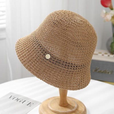 Chapeau de pêcheur tricoté à maille ajourée Chapeau seau protection solaire pour femme Pliable Pour ville/plage/voyage Été Printemps Pare-soleil (khaki,56-58cm) kaki