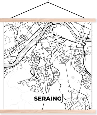Posterhanger incl. Poster 40x40 cm - Schoolplaat - België – Seraing – Stadskaart – Kaart – Zwart Wit – Plattegrond - Textielposter - Blanke latten - Stadskaart