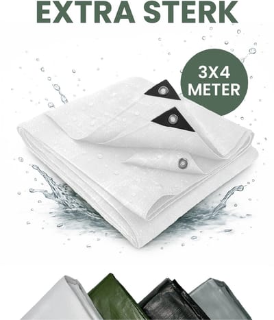 STACK® Extra Sterk Afdekzeil - 3x4m - Wit - 150G/M2 - Waterdicht Bouwzeil & Zeildoek - Zeil Met Ringen - Beschermhoes & Afdekhoes voor Zwembad,Tuin Set,Motor,Scooter,Fietsen,Aanhangwagen,Scootmobiel,BBQ accesoires - Auto Hoes Bescherming