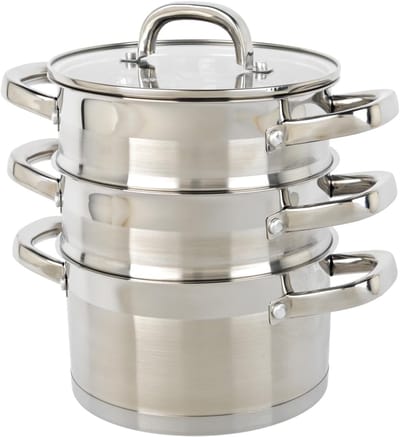 Stoompan Set - Kookpan Stomer - Gezond Koken - 3-Laags Stapelbaar - 18 cm - Zilverkleurig