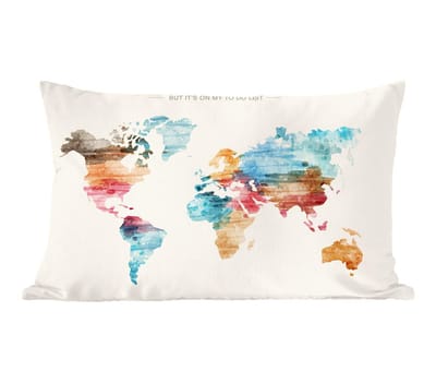 Sierkussens - Kussen - Wereldkaart - Spreuk - Kleur - - 50x30 cm - Kussen van katoen